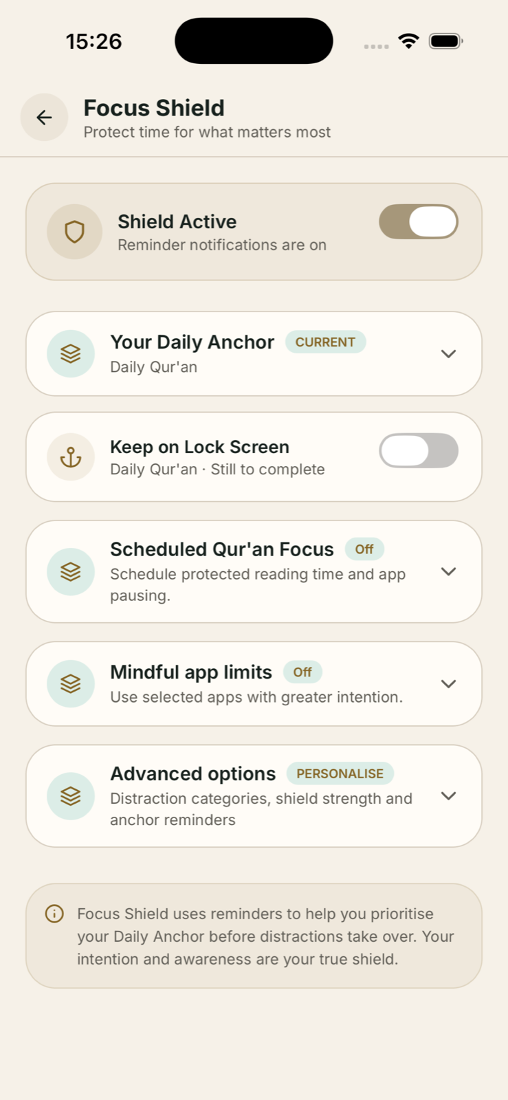 Focus Shield with Daily Anchor and scheduled Qur'an focus