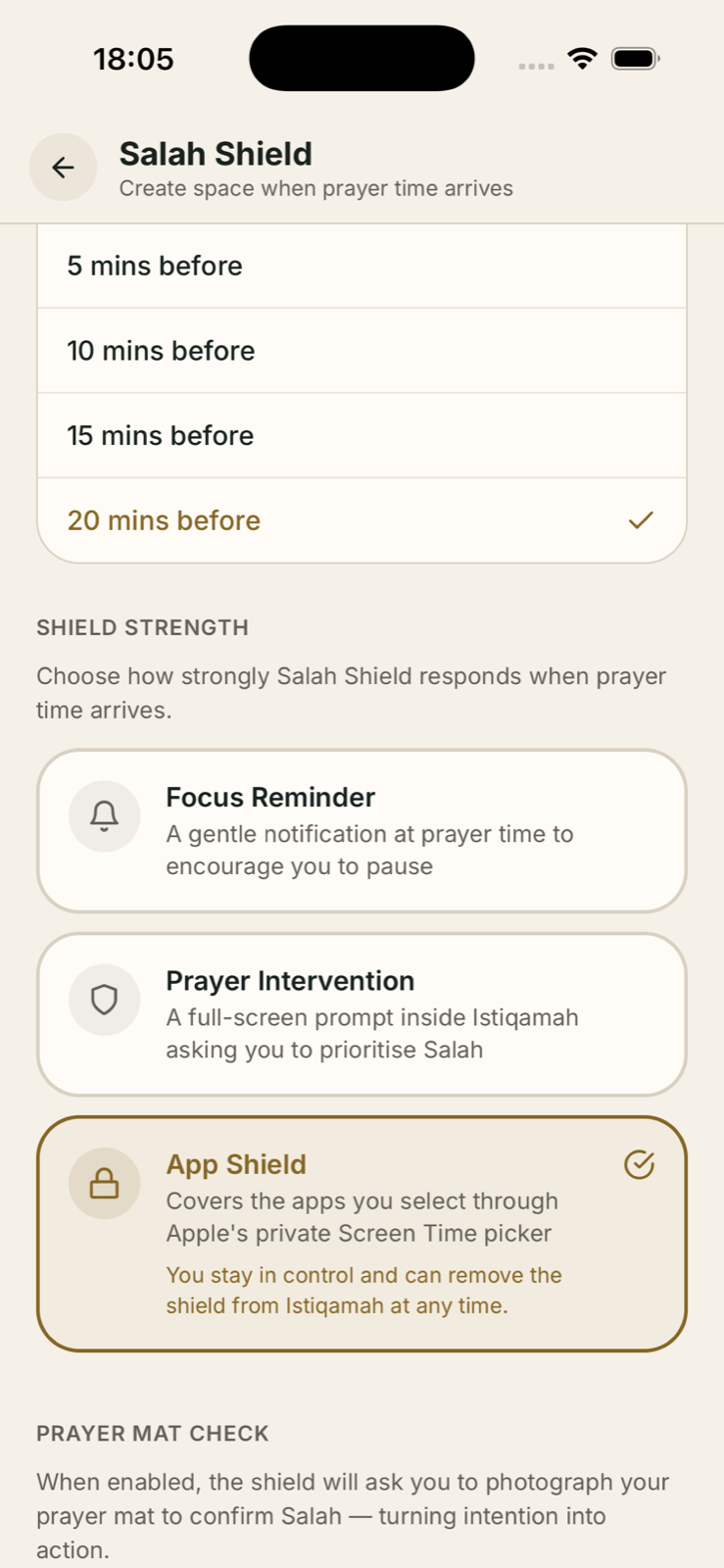 Salah Shield timing and app shield options